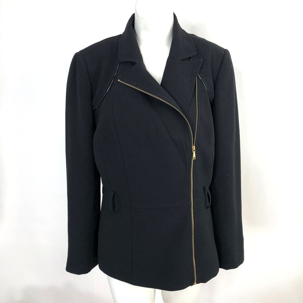 Tahari 8 Asymmetrical Black Womens Polyester Lined Gold Zip Jacket Detailed